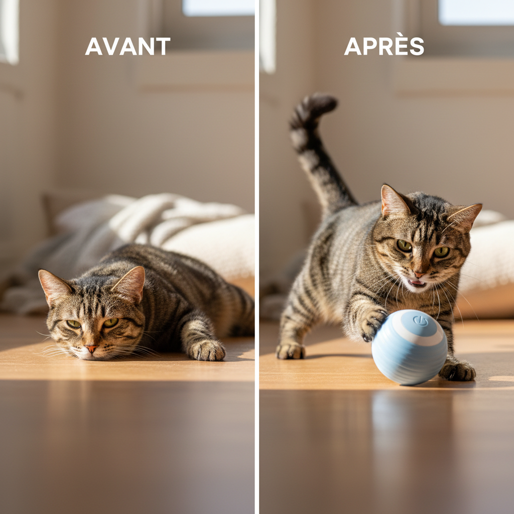 Image avant/après chat avec balle bleue interactive