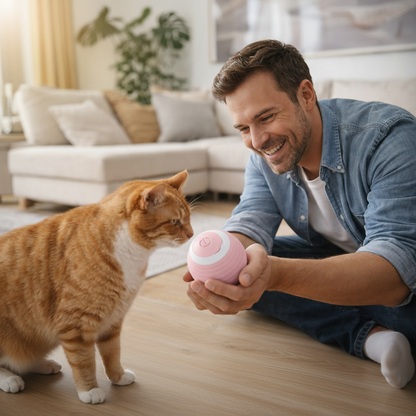 Image homme et chat avec balle May-lo rose