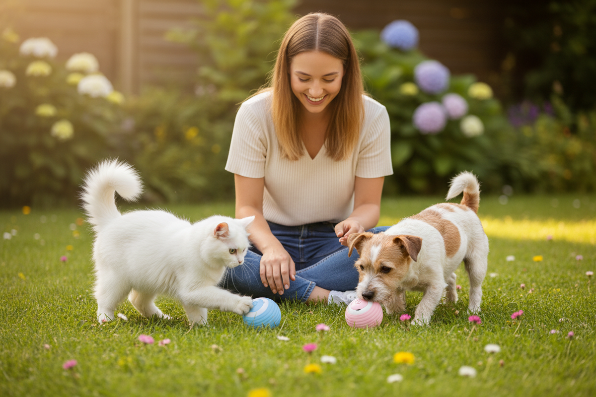 Jardin ultra-réaliste avec balles rose et bleue